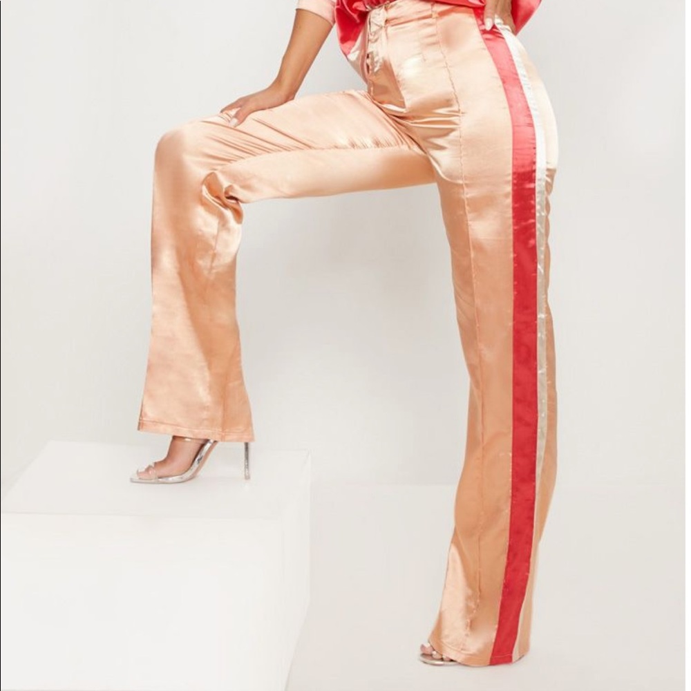 PrettyLittleThing Peach Contrast Stripe Satin Pant